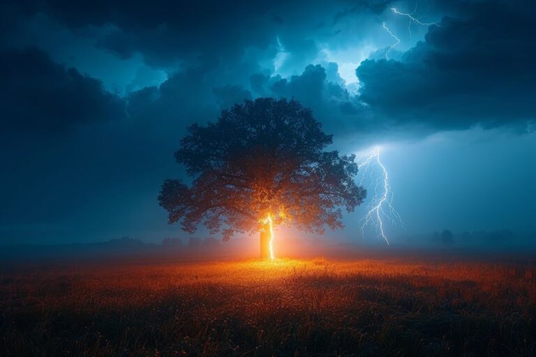 блискавка влучає у дерево