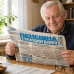 Пенсионер читает пенсионную телепрограмму