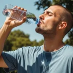 Мужчина пьет воду в жару