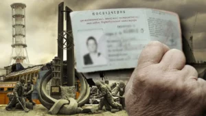 Чорнобильське посвідчення на фоні ЧАЕС