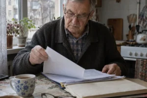 Літній чоловік в окулярах переглядає документи на квартиру за кухонним столом