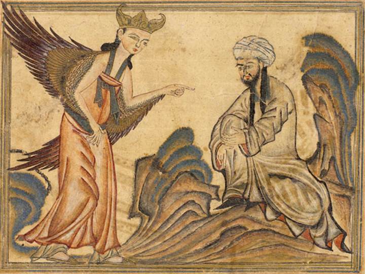 Изображение Мухаммеда, получающего первое откровение от ангела Джибриля. Из манускрипта «Джами ат-таварих» Рашида ад-Дина, 1307, период Ильханидов