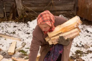 женщина с дровами во дворе