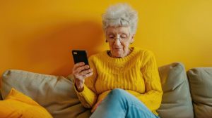 мобильный телефон в руках у пенсионерки
