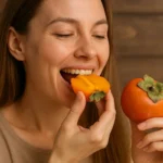 Молода жінка їсть хурму