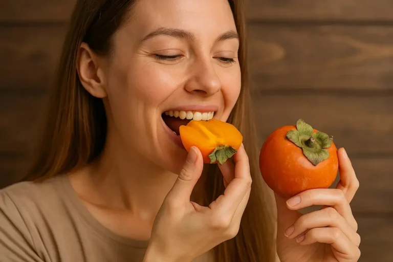 Молода жінка їсть хурму