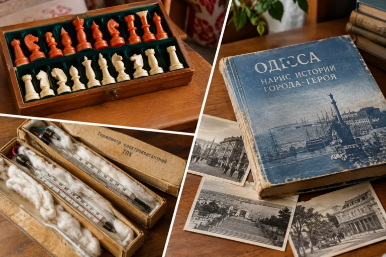 Коллаж из шахмат, термометра и книги об Одессе