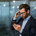 Занепокоєний чоловік дивиться в телефон