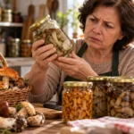 Женщина проверяет банку с грибами