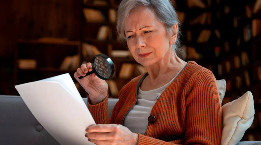 Жінка з лупою читає документ