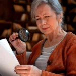 Жінка з лупою читає документ