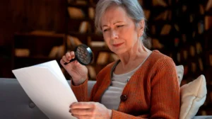 Жінка з лупою читає документ