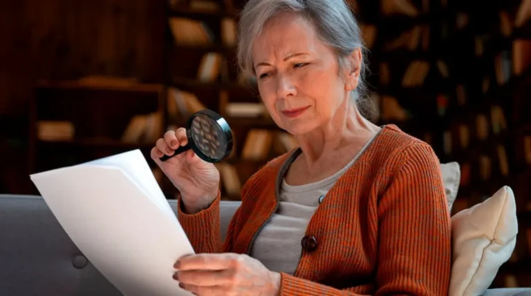 Жінка з лупою читає документ